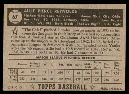 1952 Topps Baseball #067 Allie Reynolds Yankees EX Black 541862