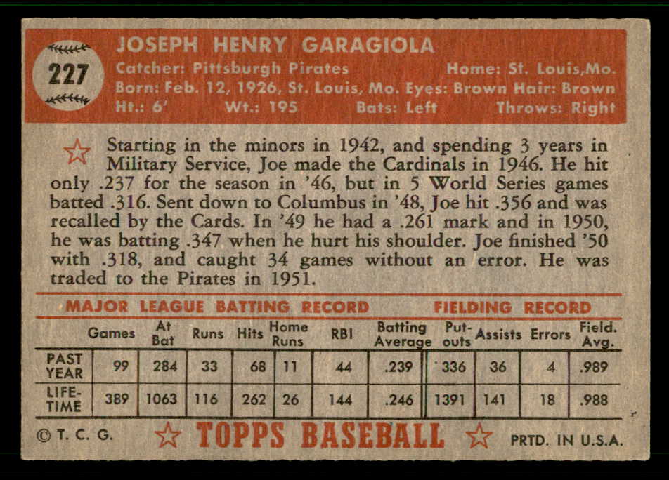 1952 Topps Baseball #227 Joe Gargiola Pirates EX-MT 541876