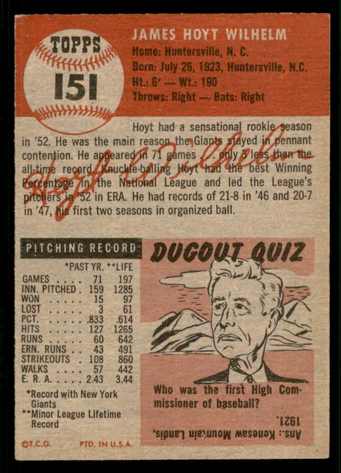 1953 Topps Baseball #151 Hoyt Wilhelm Giants EX-MT 541878