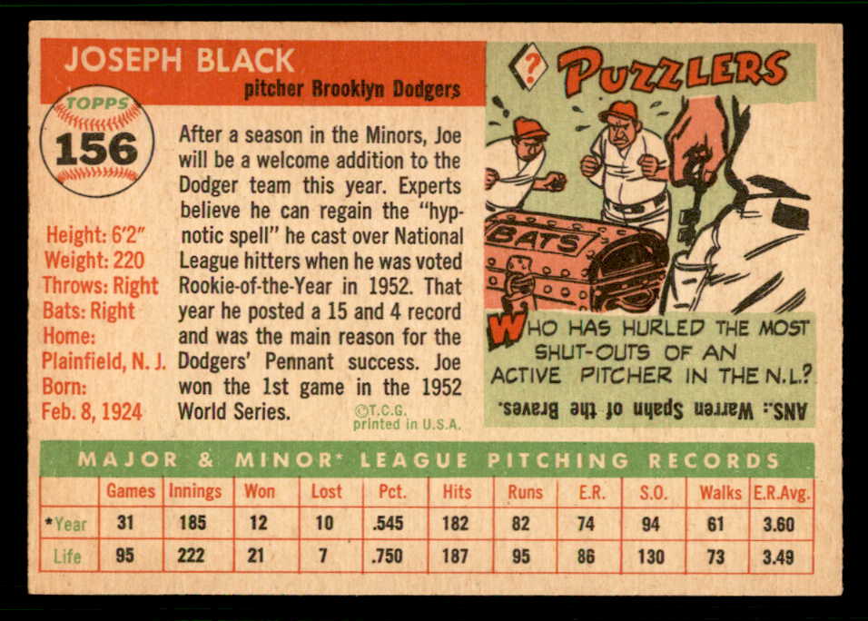 1955 Topps Baseball #156 Joe Black Dodgers EX-MT 541879