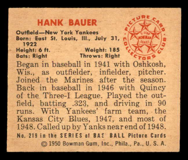 1950 Bowman Baseball #219 Hank Bauer Yankees EX-MT 541883