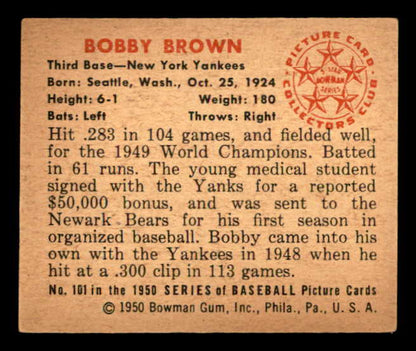 1950 Bowman Baseball #101 Bobby Brown Yankees EX-MT 541886