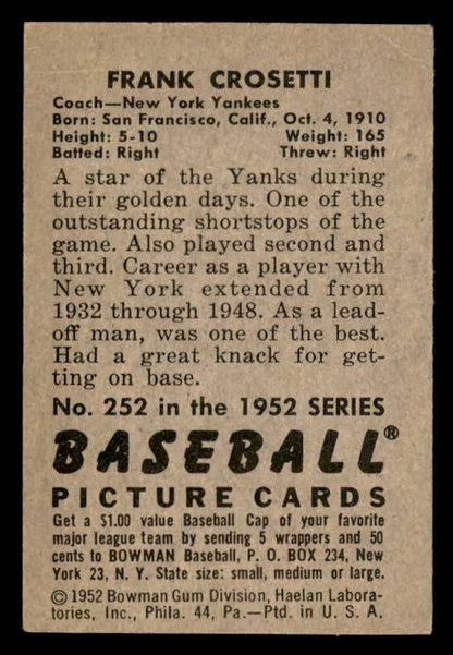 1952 Bowman Baseball #252 Frank Crosetti Yankees EX 541887