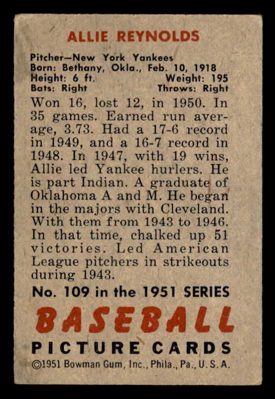 1951 Bowman Baseball #109 Allie Reynolds Yankees VG-EX 541889