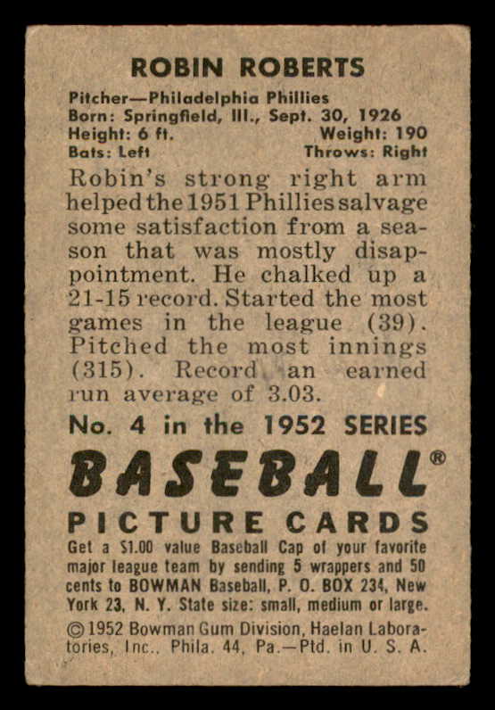 1952 Bowman Baseball #004 Robin Roberts Phillies VG-EX 541890
