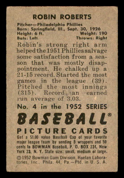 1952 Bowman Baseball #004 Robin Roberts Phillies VG-EX 541890