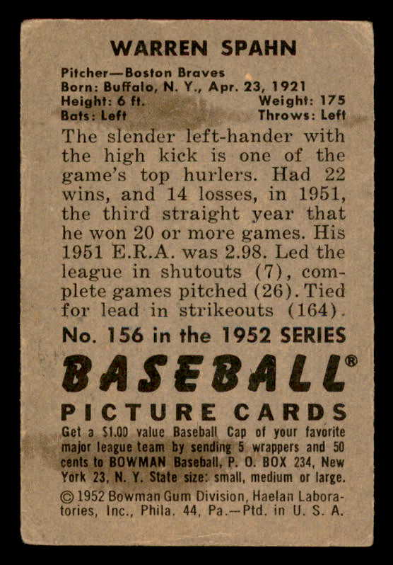 1952 Bowman Baseball #156 Warren Spahn Braves VG-EX 541891