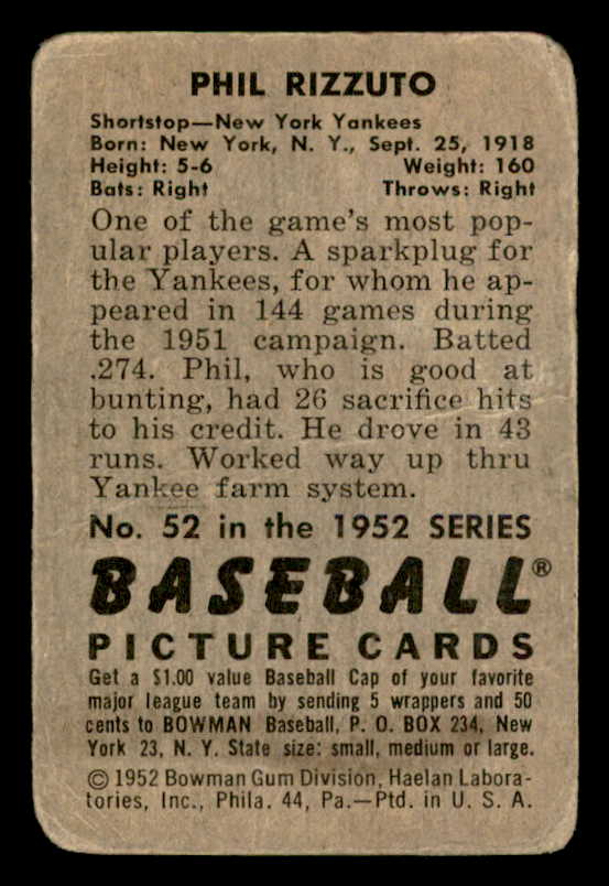 1952 Bowman Baseball #052 Phil Rizzuto Yankees Good 541895