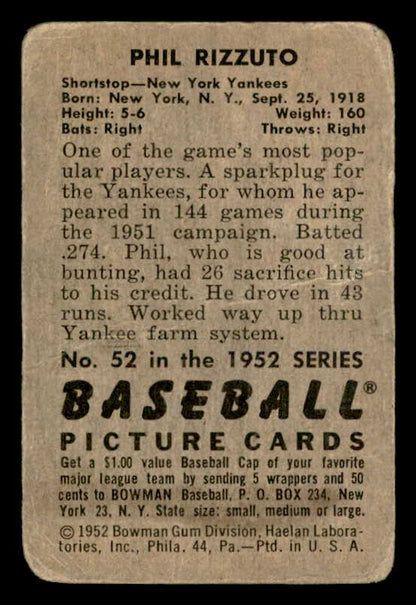1952 Bowman Baseball #052 Phil Rizzuto Yankees Good 541895
