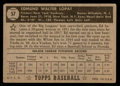 1952 Topps Baseball #057 Eddie Lopat Yankees VG Black 541932