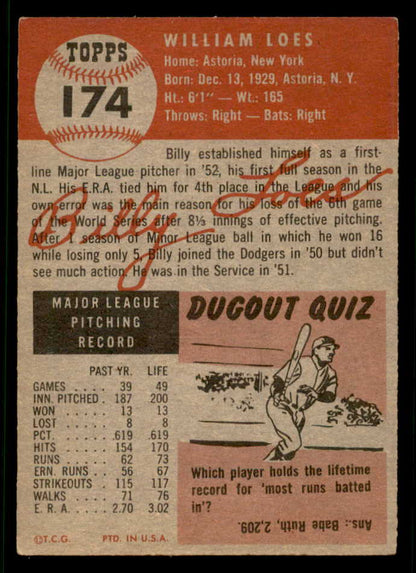1953 Topps Baseball #174 Billy Loes Dodgers VG-EX 541953
