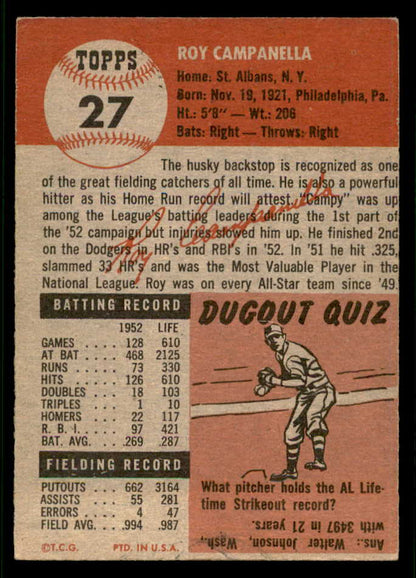 1953 Topps Baseball #027 Roy Campanella Dodgers VG 541955