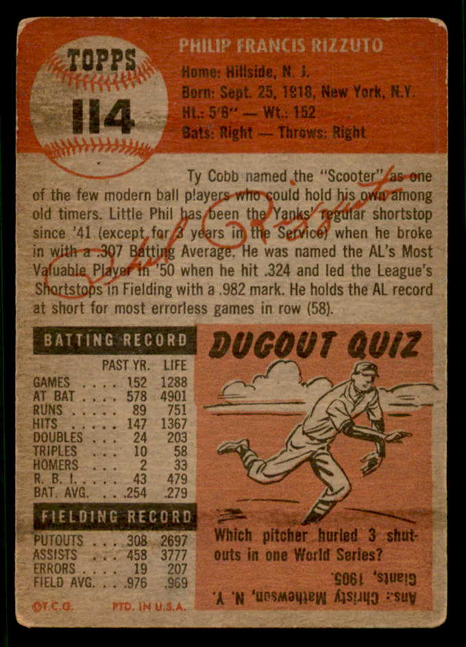 1953 Topps Baseball #114 Phil Rizzuto Yankees VG 541957