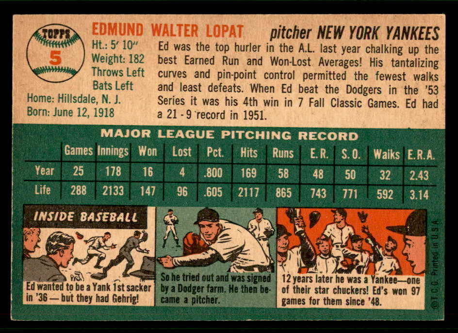 1954 Topps Baseball #005 Eddie Lopat Yankees EX-MT 541964