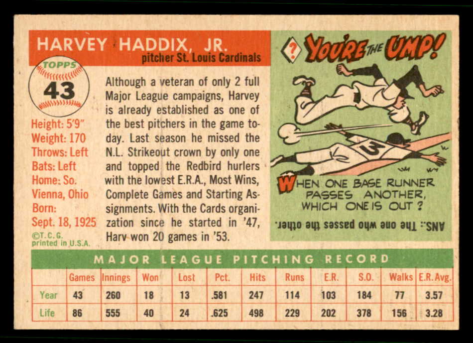 1955 Topps Baseball #043 Harvey Haddix Cardinals EX-MT 541984