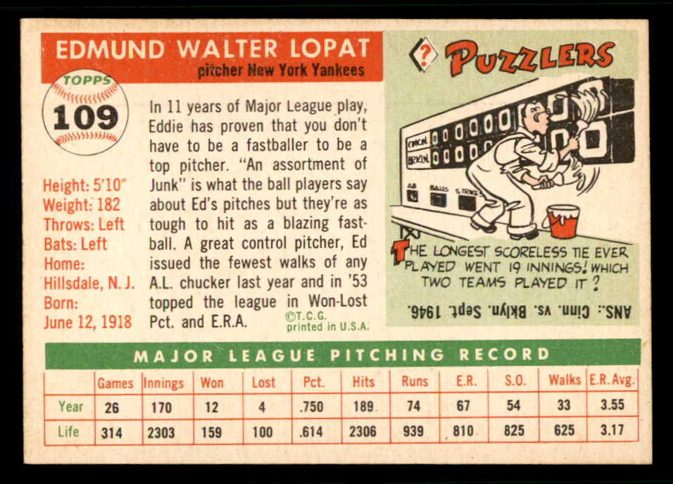 1955 Topps Baseball #109 Eddie Lopat Yankees EX-MT 541995