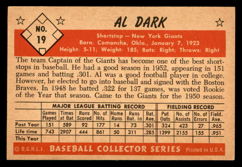1953 Bowman Color Baseball #019 Al Dark Giants EX-MT 542001
