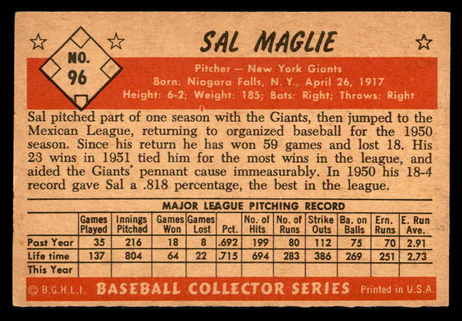 1953 Bowman Color Baseball #096 Sal Maglie Giants VG-EX 542002