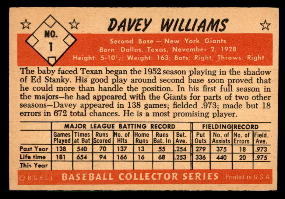 1953 Bowman Color Baseball #001 Davey Williams Giants VG-EX 542005