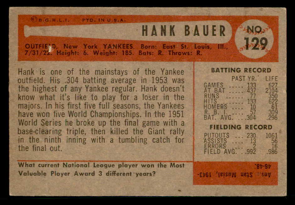 1954 Bowman Baseball #129 Hank Bauer Yankees EX+/EX-MT 542026