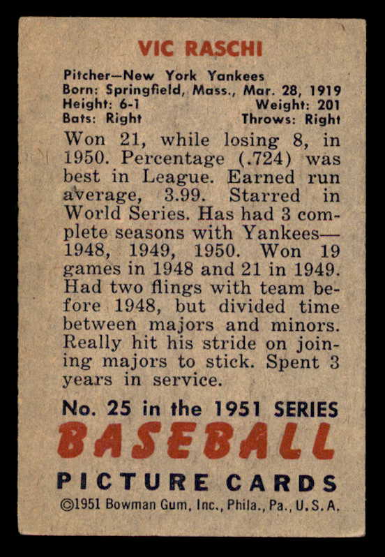 1951 Bowman Baseball #025 Vic Raschi Yankees VG-EX 542041