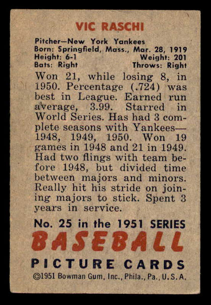 1951 Bowman Baseball #025 Vic Raschi Yankees VG-EX 542041