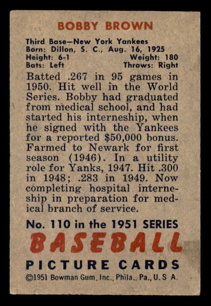 1951 Bowman Baseball #110 Bobby Brown Yankees VG-EX 542046