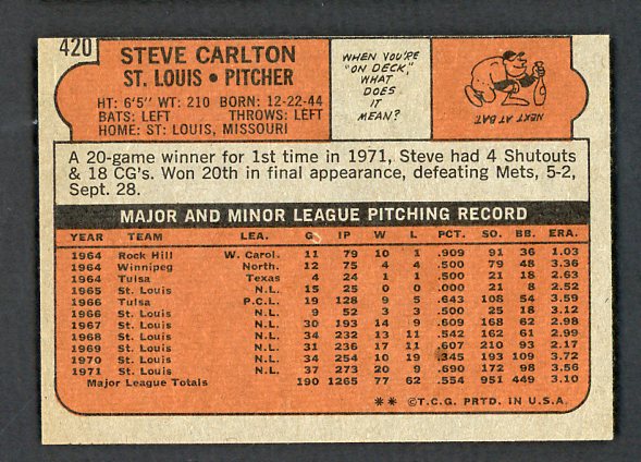 1972 Topps Baseball #420 Steve Carlton Cardinals EX-MT 542120
