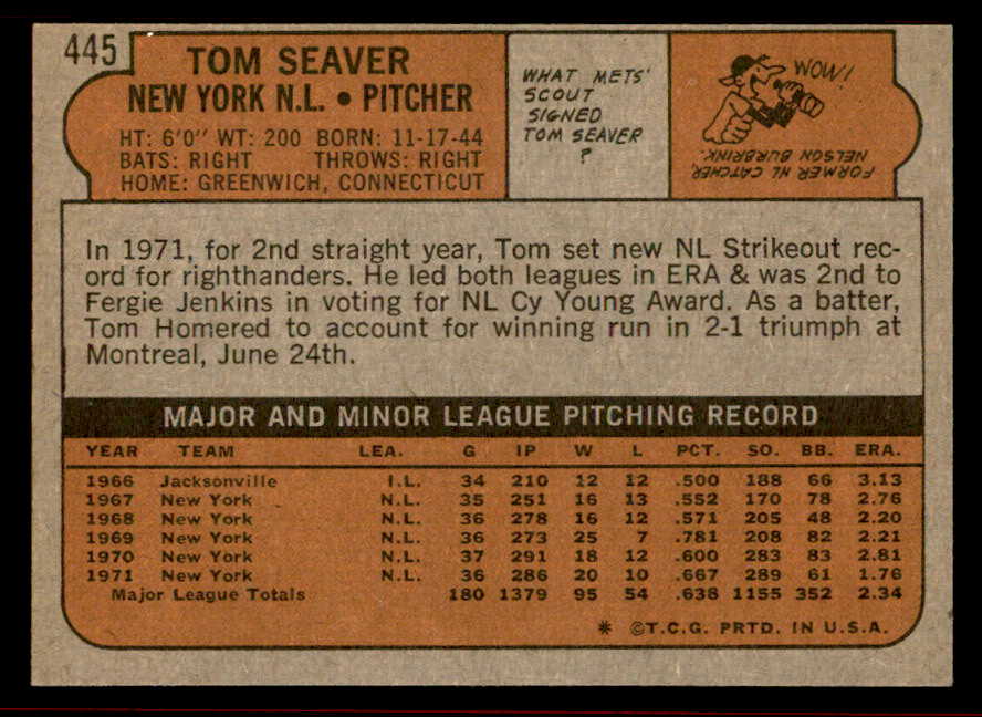1972 Topps Baseball #445 Tom Seaver Mets EX-MT 542189