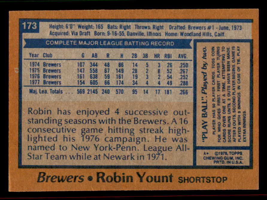 1978 Topps Baseball #173 Robin Yount Brewers EX+/EX-MT 542236