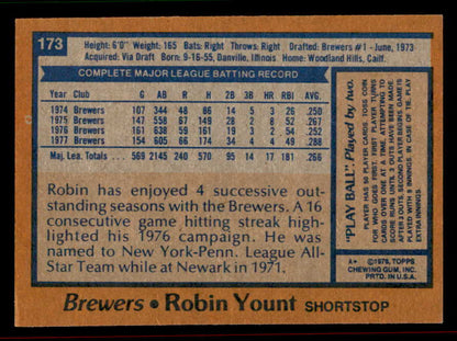 1978 Topps Baseball #173 Robin Yount Brewers EX+/EX-MT 542236