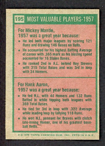 1975 Topps Baseball #195 Mickey Mantle Hank Aaron EX-MT 542256