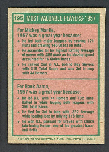 1975 Topps Baseball #195 Mickey Mantle Hank Aaron EX-MT 542258
