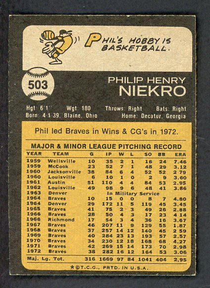 1973 Topps Baseball #503 Phil Niekro Braves VG-EX 542293