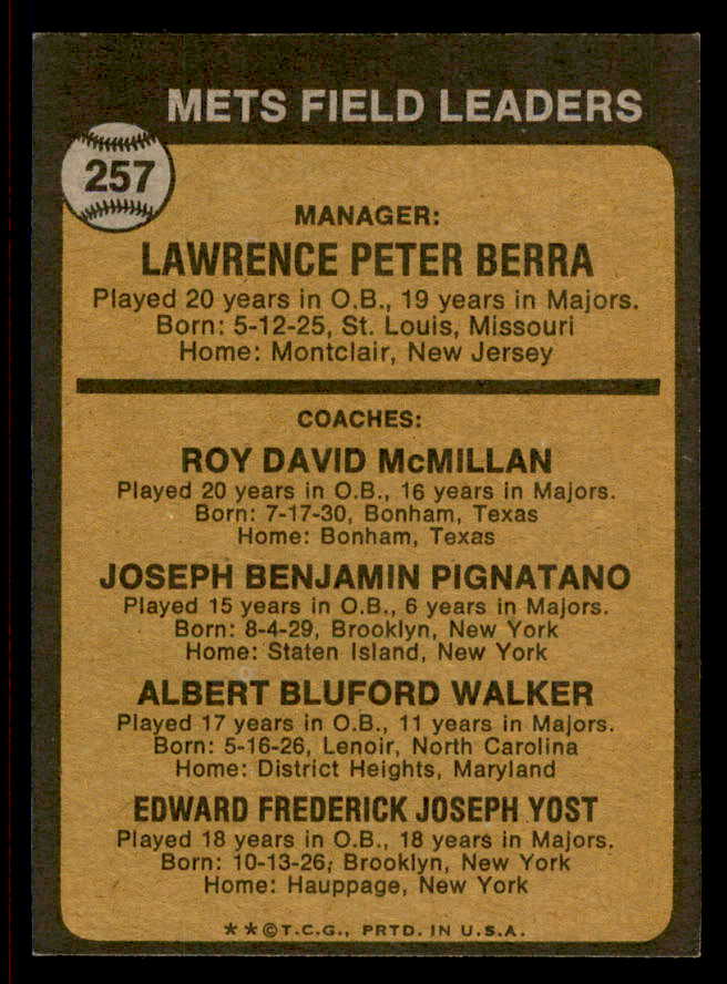 1973 Topps Baseball #257 Yogi Berra Mets NR-MT 542299