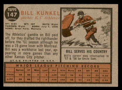1962 Topps Baseball #147 Bill Kunkel A's EX Variation 542342