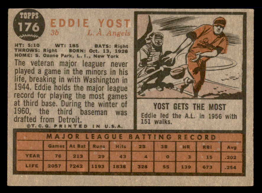 1962 Topps Baseball #176 Eddie Yost Angels EX Variation 542343