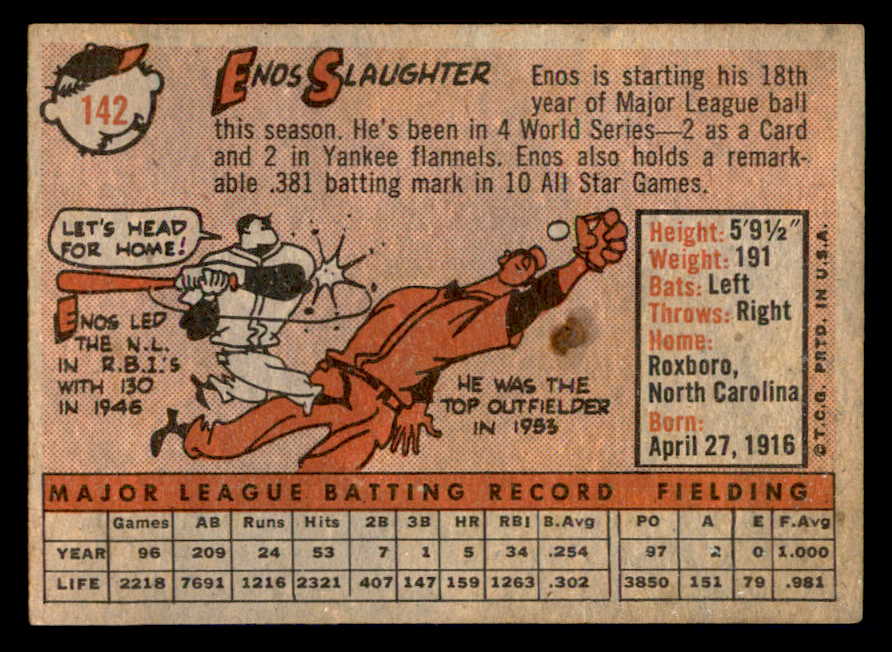 1958 Topps Baseball #142 Enos Slaughter Yankees EX 542355
