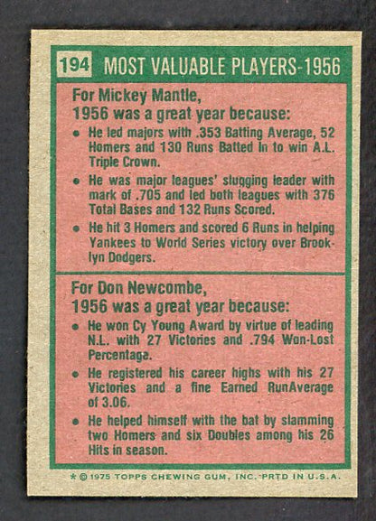 1975 Topps Baseball #194 Mickey Mantle Don Newcombe EX-MT 542373