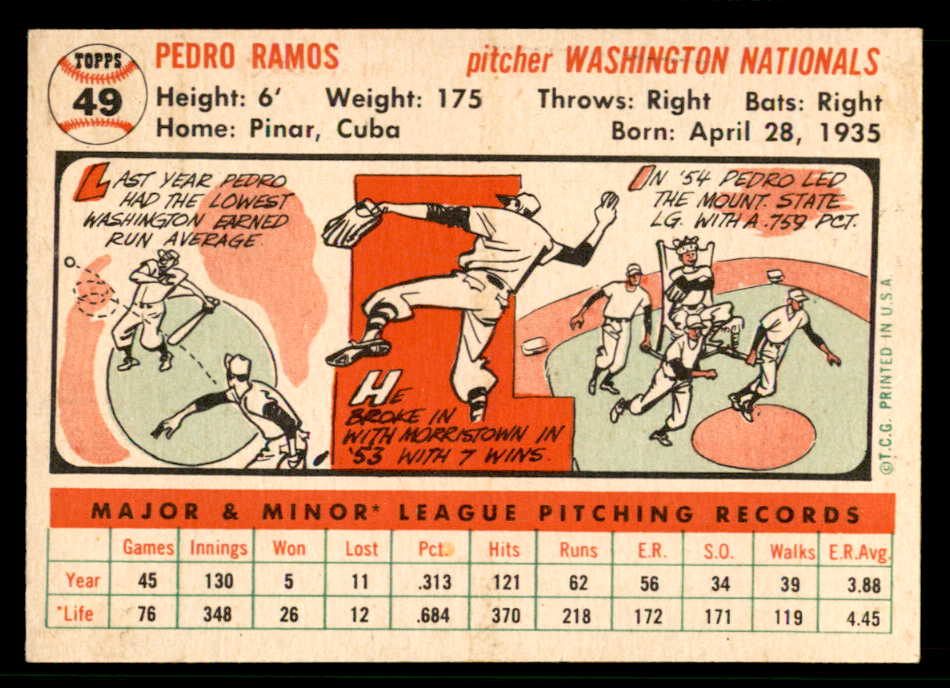 1956 Topps Baseball #049 Pedro Ramos Senators EX-MT White 542391