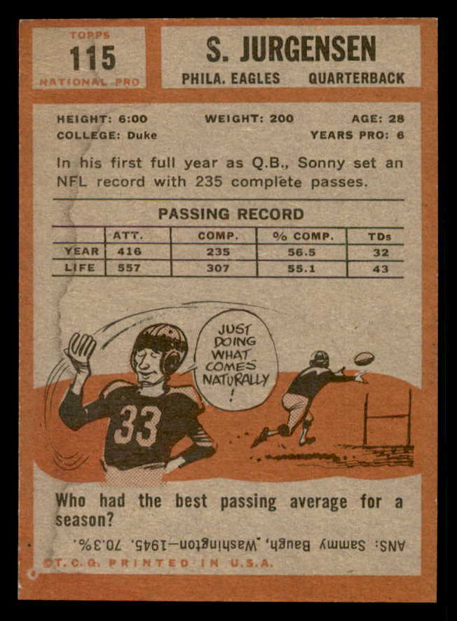 1962 Topps Football #115 Sonny Jurgensen Eagles VG stain back 542406