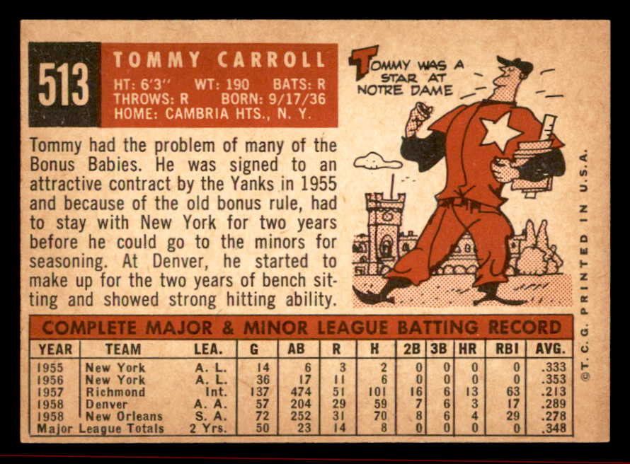 1959 Topps Baseball #513 Tommy Carroll A's VG-EX/EX 542660