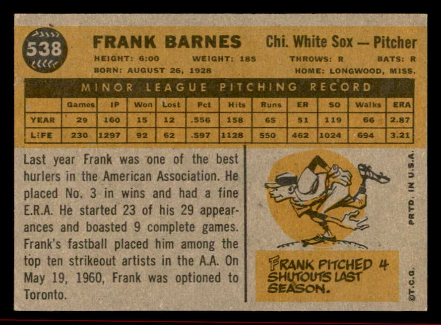 1960 Topps Baseball #538 Frank Barnes White Sox NR-MT 542678