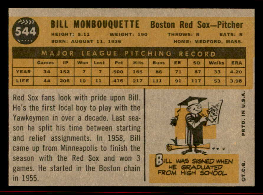 1960 Topps Baseball #544 Bill Monbouquette Red Sox NR-MT 542680