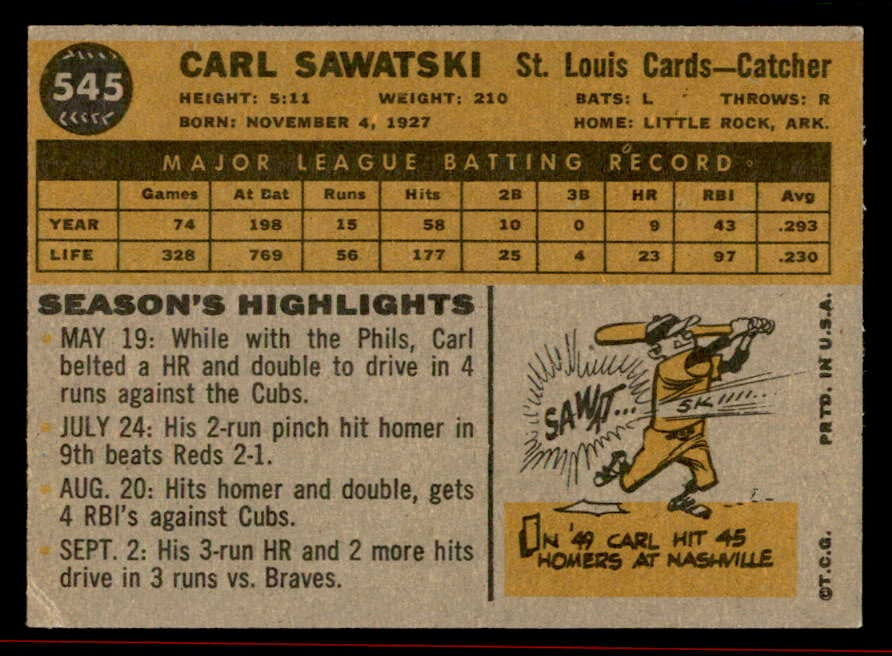 1960 Topps Baseball #545 Carl Sawatski Cardinals NR-MT 542681