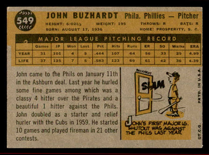 1960 Topps Baseball #549 John Buzhardt Phillies NR-MT 542685