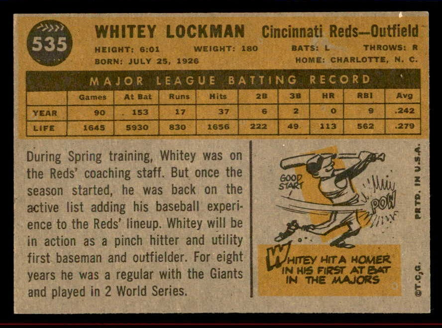 1960 Topps Baseball #535 Whitey Lockman Reds EX-MT 542706