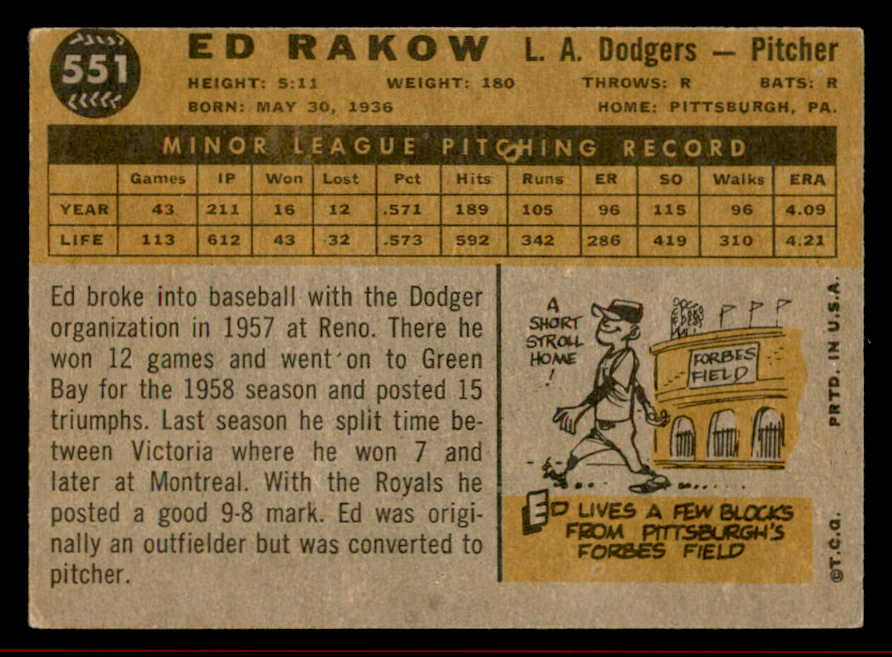1960 Topps Baseball #551 Ed Rakow Dodgers VG-EX 542759
