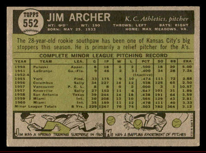 1961 Topps Baseball #552 Jim Archer A's VG-EX 542804