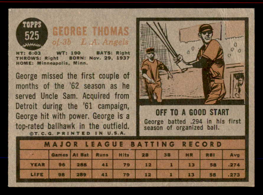 1962 Topps Baseball #525 George Thomas Angels EX-MT 542817